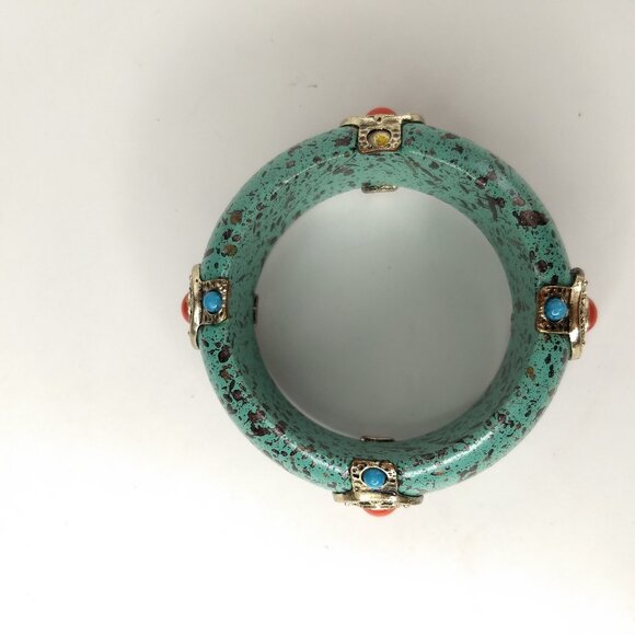 Silver Tone Metal Bead Turquoise Color Splatter Wide Bangle Bracelet Western - Picture 5 of 7